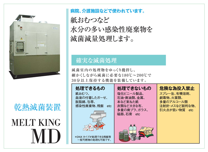 乾熱滅菌装置 MELT KING MD 紙おむなど、水分の多い乾燥性廃棄物を滅菌減量処理します。